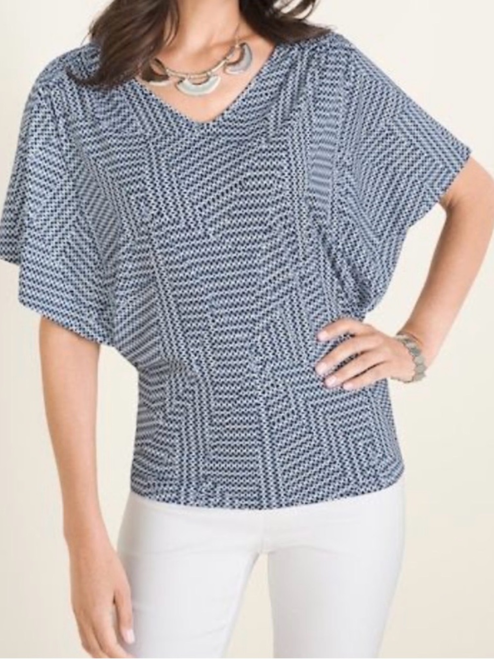 Chico's Blue Geo V-Neck Dolman Short Sleeve Tee